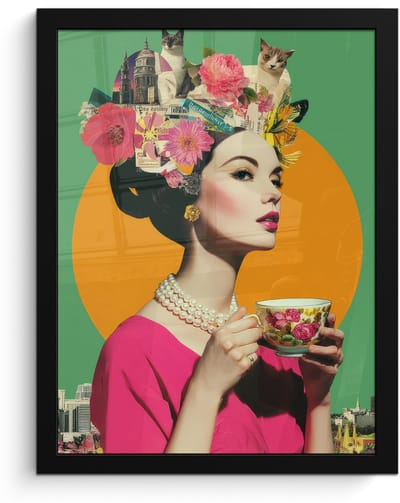 Poster in lijst - Fotolijst 30x40 cm - Posters - Retro - Vrouw - Stad - Zon - Posterlijst zwart - Decoratie - Wanddecoratie woonkamer - Muurdecoratie slaapkamer