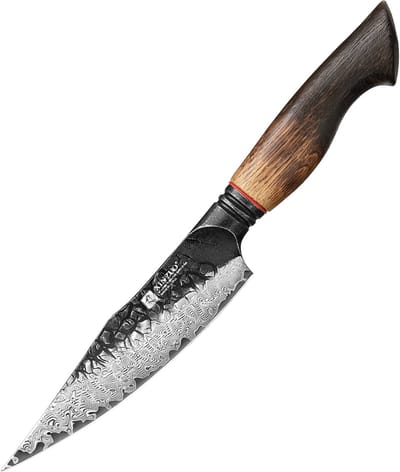 XinZuo Groentemes Damascus – X06 Mo Series – 14 cm – Gebrand Eiken Handvat – Professioneel Keukenmes