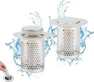 Verwijderbare Afvoerzeef Set van 2 met Drukpassing en Elastische Messing Kern, RVS Afvoerzeef Vervanging voor Keuken en Badkamerafvoer, Effectieve Vuilvanger en Waterfilter