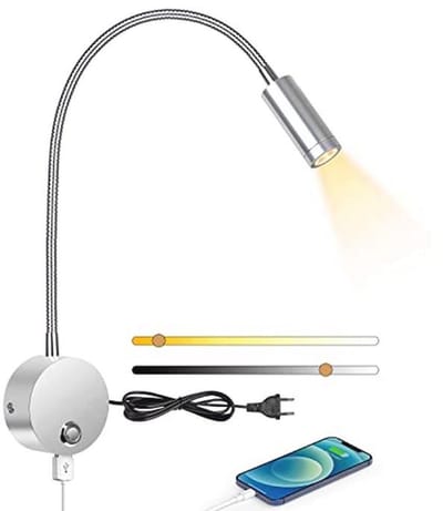 Dimbare LED Wandlamp met USB Oplaadpoort en 360° Draaibare Zwanenhals voor Slaapkamer