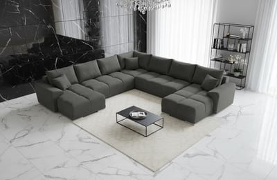 U-vormige Fluwelen Hoekbank met Slaapfunctie - 365x189 cm - Grijs - Novihome