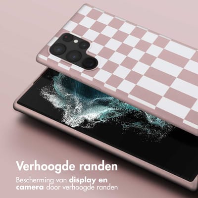 Selencia Hoesje - Geschikt voor Samsung Galaxy S22 Ultra - Siliconen design hoesje met afneembaar koord - Irregular Check Sand Pink