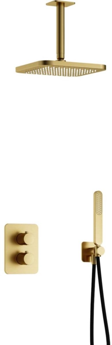 Hotbath Gal - Inbouw Regendoucheset - Geborsteld Messing PVD - Thermostatisch - Plafondbuis 15 cm - Hoofddouche 220 mm - Staafhanddouche - met 2-Weg Stop-Omstel