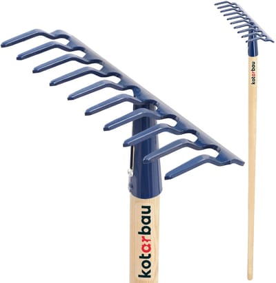 KOTARBAU® Tuinhark, Bladhark, Staal, 26 cm, Marineblauw, met Houten Steel, 135 cm, 10 Tanden, voor Gazon, Stevige Hark, Metalen Hark, Ergonomisch Tuingereedschap