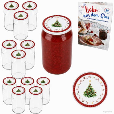12-delige set ronde glazen 720 ml TO 82 Kerstmisdroom deksel incl. Diamant Gelierzauber receptenboekje