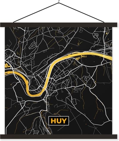 Posterhanger incl. Poster 60x60 cm - Schoolplaat - Plattegrond - Stadskaart - Huy - Goud - Kaart - Textielposter - Zwarte latten - Stadskaart