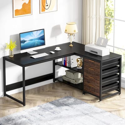 Tribesigns Bureau - L-Vormig Game Bureau met 4 Laden - 150 x 110 x 75cm - Bureau met Legplanken - Gaming Desk - Computer Tafel - Gaming Tafel - Bureau voor Gamen, Studeren en Werken - Zwart