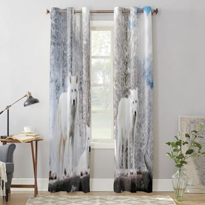 Witte Wolf In Winterbos Raamgordijn Voor Kinderkamer Huisjaloezieën Gordijnen Voor Woonkamer Slaapkamer Raamgordijnen 135W x 60H(cm) x1