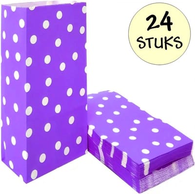 24x Paarse Uitdeelzakjes Met Stippen - 13x8x24cm - Stevig Papier - Traktatie Zakjes - Papieren Zakjes - Cadeau Zakjes - Polka Dots - Met Blokbodem - Paars - 24 Stuks