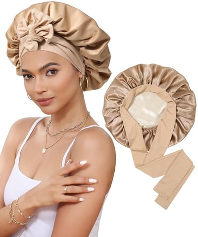 Satijnen slaapmuts - Verstelbare beschermende haarkap - 4-pack - Khaki - Elastische band - Brede rand - Geschikt voor steil of krullend haar - Dameshoofdband - Zacht en comfortabel