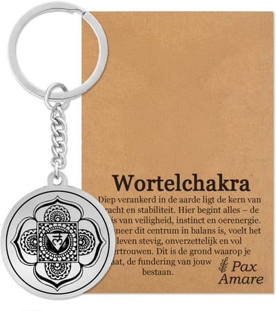 Wortel Chakra (Muladhara) Sleutelhanger op Cadeau Kaartje - Zilverkleurig Talisman - Roestvrij Staal - Spiritueel Cadeau - Pax Amare