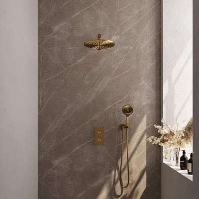 Brauer Gold Edition Thermostatische Regendoucheset Inbouw - Hoofddouche 30 cm - Rechte Wandarm - 3 Weg - Handdouche 3 Standen - Doucheslang - Wandaansluitbocht - Geborsteld Goud