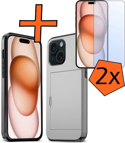 Hoesje Geschikt voor iPhone 15 Hoesje Pasjeshouder Shockproof Hard Case Met 2x Screenprotector - Hoesje Geschikt voor iPhone 15 Hoes Met Kaarthouder - Grijs