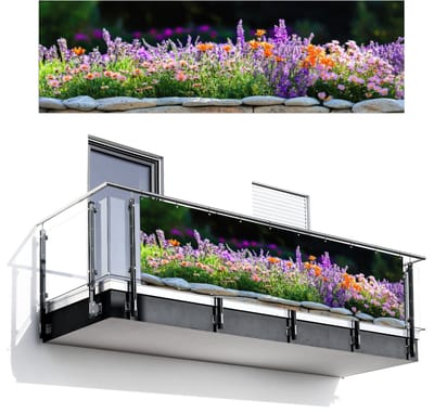 Balkonscherm 300x95 cm - Balkonposter Bloemen - Steenrand - Kleurrijk - Balkon scherm decoratie - Balkonschermen - Balkondoek zonnescherm