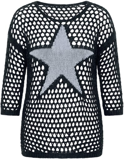 Angel of Style - Dames - Trui relaxed fit grof breisel ster 3/4-mouwen - Zwart - Maat 56