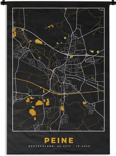 Wandkleed - Wanddoek - Peine - Stadskaart - Black and Gold - Kaart - Duitsland - Plattegrond - 120x180 cm - Wandtapijt