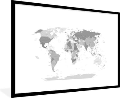 Poster in lijst - Fotolijst 120x80 cm - Posters - Wereldkaart - Topografie - Kleuren - Kind - Jongen - Meiden - Posterlijst zwart - Decoratie - Wanddecoratie woonkamer - Muurdecoratie slaapkamer