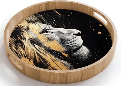 Dienblad rond 40x40 cm - Schootdienblad hout - Portret - Leeuw - Abstract - Goud - Borrelplank rechthoek - Plateau houten dienbladen
