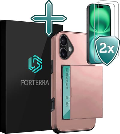 Hoesje Geschikt voor iPhone 16 Pashouder Hard Case Hoes Met 2x Screenprotector - Hoes Geschikt voor iPhone 16 Hoesje Back Cover Met Pasjeshouder - Rosé goud