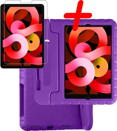 Hoesje Geschikt voor Apple iPad Air 5 (2022) - 10.9 inch - 5e Generatie - M1 - Met Screenprotector - Kinderhoes Shockproof Bumper - Kidsproof Case - Tablet Hoes - Kinder Hoes Cover - Paars
