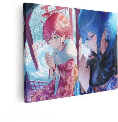 Artaza Canvas Schilderij Anime Meisjes - 80x60 cm - Wanddecoratie Kimono - Muurdecoratie Japan - Decoratie Winter Schrijn