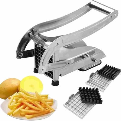 Frietsnijder Roestvrij Staal - Aardappelsnijder Groentesnijder - Thuis Friet Maken - Antislip Zuignap Bodem - 2 Messen Inclusief - Zilver