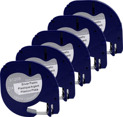 DULA - Dymo LetraTag 91208 - S0721730 - Label Tape - Zwart op Zilver plastic - 12mm x 4m - 5 Stuks