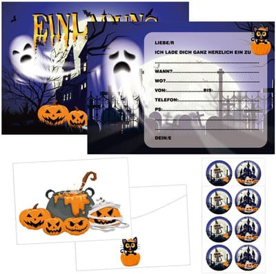Dailygoods - Uitnodigingskaarten voor Halloween, 12 stuks, Halloween-feestaccessoires, Halloween-wenskaarten met enveloppen en Halloween-stickers, uitnodiging voor griezelfeest, kinderverjaardag (B)