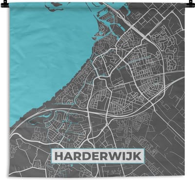 Wandkleed - Wanddoek - Stadskaart - Harderwijk - Grijs - Blauw - 90x90 cm - Wandtapijt - Plattegrond