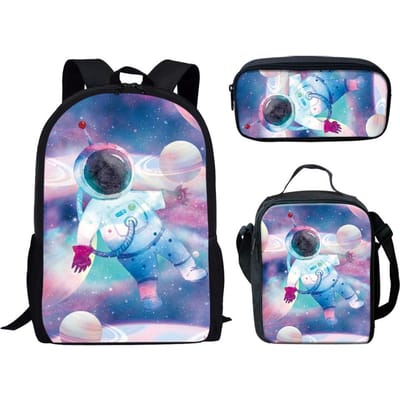 Classique Populaire Drôle Fantaisie Espace Astronaute Impression 3D 3 pièces/Ensemble élève Sacs d'école Sac à dos pour ordinateur portable Sac à dos de jour Sac à lunch Trousse