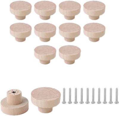 Houten meubelgrepen set van 10, ronde ladegrepen en kastknoppen voor kinderen, inclusief schroeven en paddenstoelvormige handgrepen, 40 x 25 mm