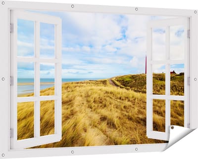 Gards Tuinposter Doorkijk Vuurtoren met Duinen in Texel - 150x100 cm - Tuindoek - Tuindecoratie - Wanddecoratie buiten - Tuinschilderij
