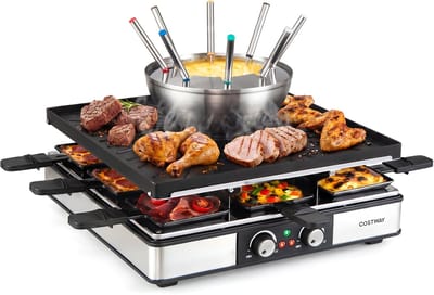 COSTWAY 3-in-1 raclette-grill en fondue, 2200 W, elektrische grill voor 8 personen | Met anti-aanbakplaat en 8 pannen, elektrische grill met dubbele thermostaat, 8 houten spatels en 8 fonduegaten