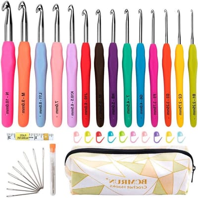 Haaknaald Set met 14 Stuks, Ergonomische Zachte Handvatten, Ideaal voor Artritis, Breien en Haken met Extra Lange Naalden, Perfect Cadeau voor Vrouwen