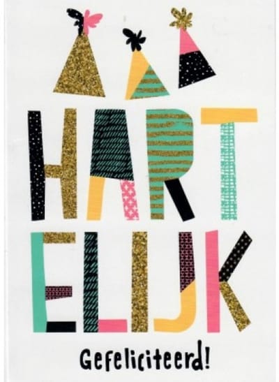 Hartelijk gefeliciteerd met je verjaardag. Een kleurrijke kaart met gekleurde letters en verjaardag mutsen. Een leuke kaart om zo te geven of om bij een cadeau te voegen. Een dubbele wenskaart inclusief envelop en in folie verpakt.
