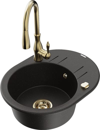 Mexen Kevin granieten spoelbak 1-komorig met afdruiprek en keukenkraan Savita, zwart/goud metallic - 6517-75-672601-50