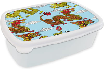 Broodtrommel Wit - Lunchbox - Brooddoos - Draak - Chinees - Patronen - 18x12x6 cm - Volwassenen