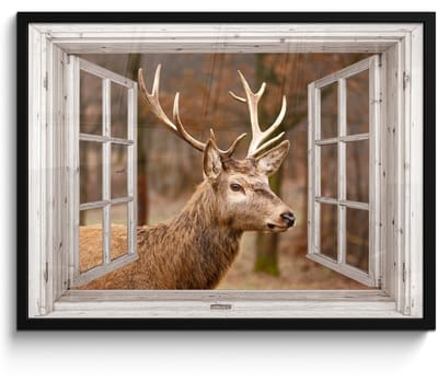 Poster in lijst - Fotolijst 70x50 cm - Posters - Hert - Dier - Bos - Herfst - Hertenkop - Bruin - Doorkijk - Posterlijst zwart - Decoratie - Wanddecoratie woonkamer - Muurdecoratie slaapkamer