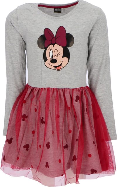 Disney Minnie Mouse Jurk - Lange Mouw - Tule - Grijs/Cerise - Maat 86/92