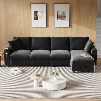 BLACKCOLORS Sofa van chenille stof, L-hoek en twee armleuningen met opbergruimte. Opklapbare salontafel met twee bekerhouders, 1 USB-poort en 1 Type-C-poort. Het L-gedeelte kan links of rechts worden geplaatst. Grijs