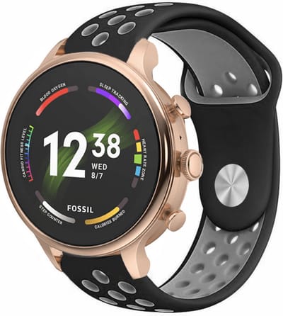 Strap-it Ademende Siliconen sport band 18mm - geschikt voor Fossil Gen 5e - 42mm / Gen 6 - 42mm - Huawei Watch GT 4 - 41mm - Watch GT 5 - 41mm / GT 5 Pro - 42mm - Withings ScanWatch 2 - 38mm / ScanWatch Light / Steel HR - 36mm - zwart/grijs