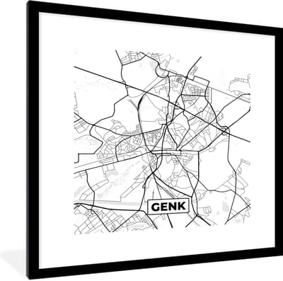 Fotolijst incl. Poster Zwart Wit- Stadskaart – Plattegrond – België – Zwart Wit – Genk – Kaart - 40x40 cm - Posterlijst