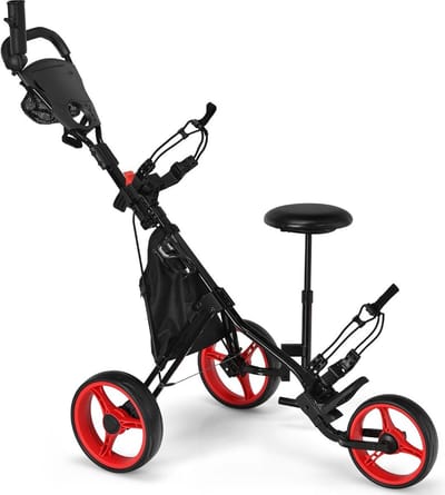 Trendmix Golf trolley Met 3 Wielen Verstelbaar Lichtgewicht - Golfwagen Met Parapluhouder, Zitje En Opbergtas Rood/Zwart 130 x 75 x 98,5-115,5 cm