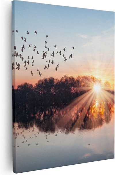 Artaza Canvas Schilderij Zonsondergang - 80x100 cm - Groot - Wanddecoratie Vogels - Muurdecoratie Natuur - Decoratie Meer