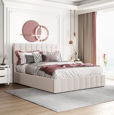 MEUNIQ gestoffeerd tweepersoonsbed 140x200 cm met hydraulische opbergruimte, verstelbaar hoofdbord, lattenbodem en fluwelen bekleding voor slaapkamer, crème