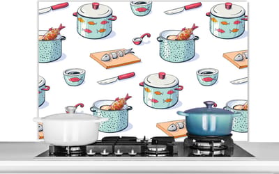 Spatscherm keuken 100x65 cm - Kookplaat achterwand Patronen - Koken - Eten - Vis - Pan - Muurbeschermer - Spatwand fornuis - Hoogwaardig aluminium