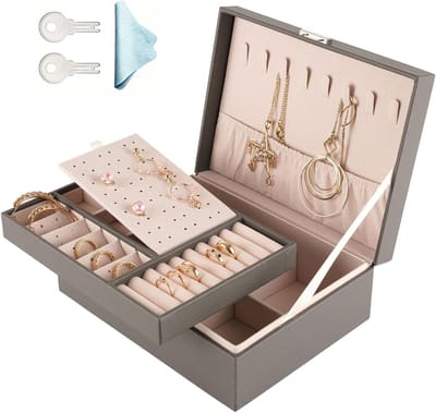 Sieradendoos Organizer - Opbergdoos Sieraden - Sieraden Opbergen - Afsluitbaar Met Sleutel - 23 x 17 x 8.5 cm - Grijs