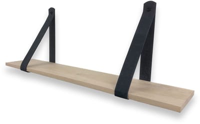 Eiken wandplank 18 mm recht 100 x 20 cm met leren riemen zwart - Eikenhouten wandplank - Eiken wandplank - Leren plankdragers - Fotoplank