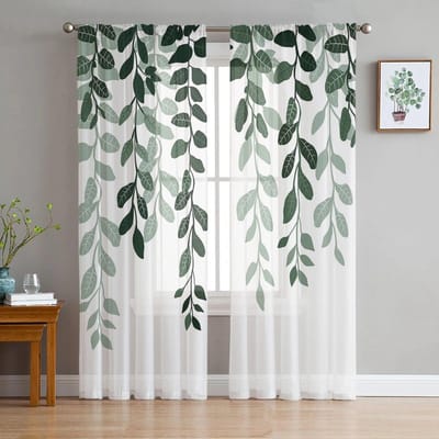 Bladplanten, Landelijk Groene Transparante Gordijnen Woonkamer Slaapkamer Voile Raamgordijn Balkon Keuken Tule Gordijnen 135W x 114H(cm) white
