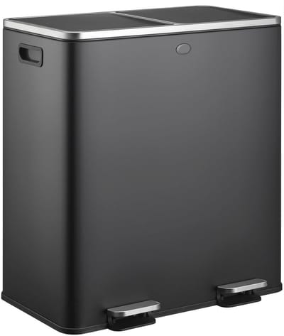 Grote Pedaalemmer voor Afvalscheiding - 60 Liter Vuilnisbak met 2 Vakken - Soft-close RVS Prullenbak voor Keuken of Kantoor - Mat Zwart
